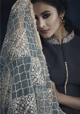 Blue Embroidered Faux Georgette Kamezz With Dupatta 4