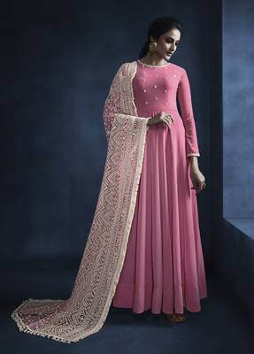 Pink Embroidered Faux Georgette Kameez With Dupatta 1