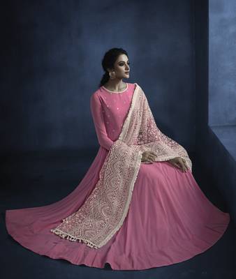 Pink Embroidered Faux Georgette Kameez With Dupatta 2