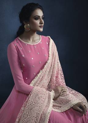 Pink Embroidered Faux Georgette Kameez With Dupatta 4