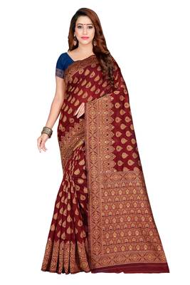Maroon woven jacquard saree with blouse 1