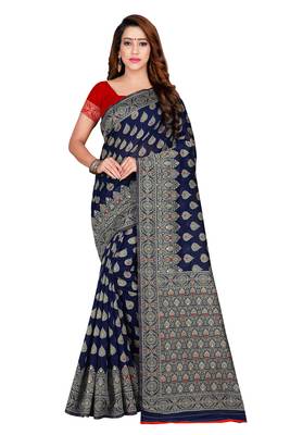 Navy blue woven jacquard saree with blouse 1