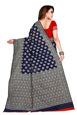Navy blue woven jacquard saree with blouse 3
