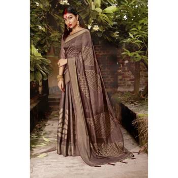 Brown printed cotton saree with blouse 1