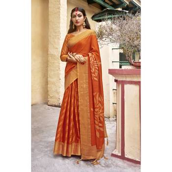 Orange printed cotton saree with blouse 1