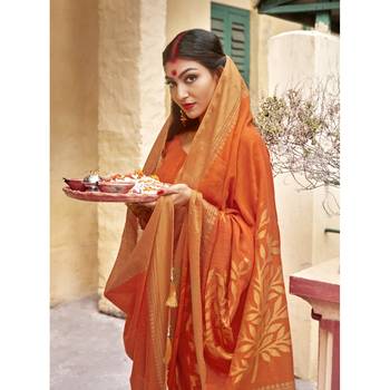 Orange printed cotton saree with blouse 2