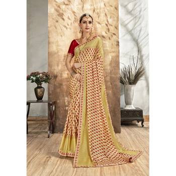 Beige printed chiffon saree with blouse 1