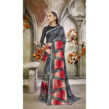 Grey printed georgette saree with blouse 1