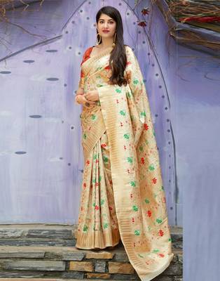 Off white woven banarasi silk saree with blouse 1