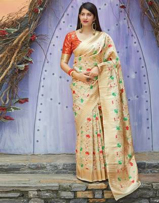 Off white woven banarasi silk saree with blouse 2