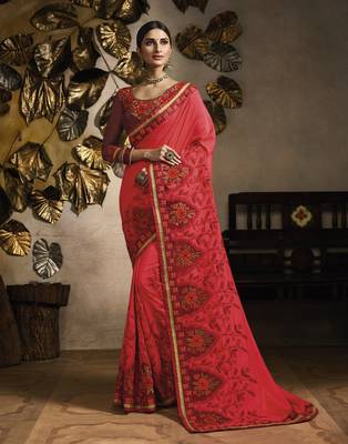 Pink embroidered silk blend saree with blouse 1