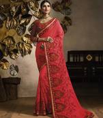 Pink embroidered silk blend saree with blouse