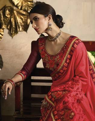 Pink embroidered silk blend saree with blouse 2