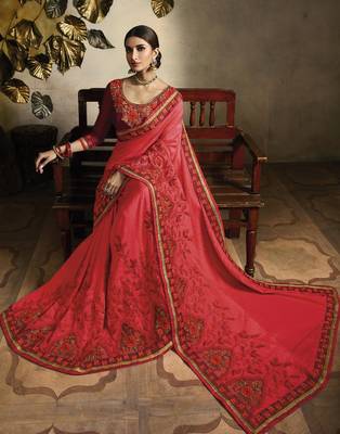 Pink embroidered silk blend saree with blouse 3