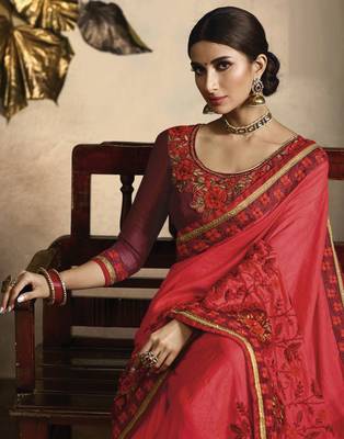Pink embroidered silk blend saree with blouse 4