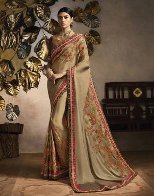 Brown embroidered silk blend saree with blouse 1