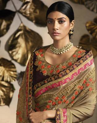 Brown embroidered silk blend saree with blouse 2
