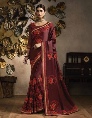Maroon embroidered silk blend saree with blouse 1