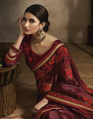 Maroon embroidered silk blend saree with blouse 2