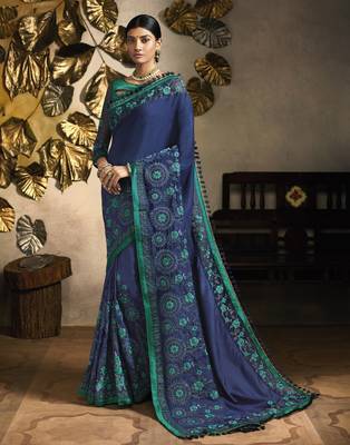 Navy blue embroidered silk blend saree with blouse 1