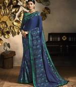 Navy blue embroidered silk blend saree with blouse