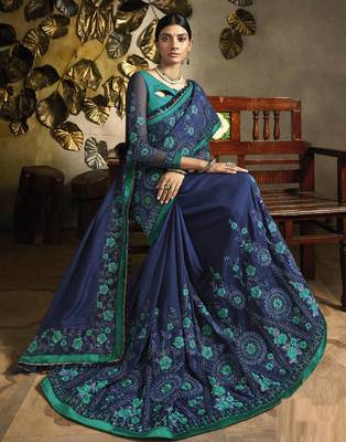 Navy blue embroidered silk blend saree with blouse 2