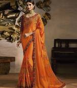 Orange embroidered silk blend saree with blouse