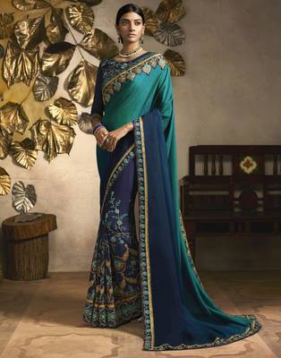 Blue embroidered silk blend saree with blouse 1