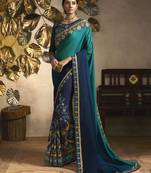 Blue embroidered silk blend saree with blouse