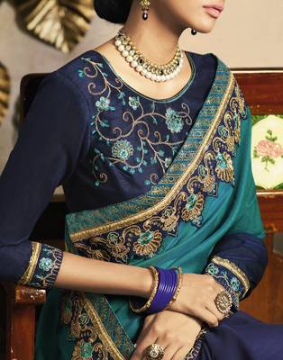Blue embroidered silk blend saree with blouse 2
