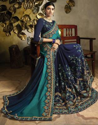 Blue embroidered silk blend saree with blouse 3
