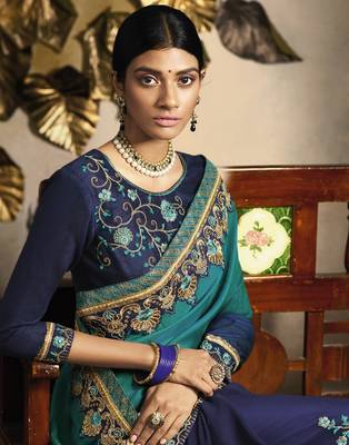 Blue embroidered silk blend saree with blouse 4
