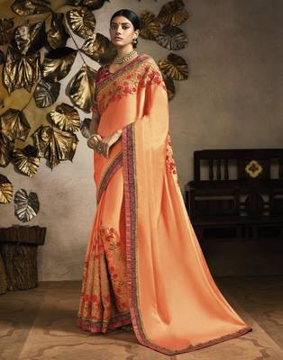 Peach embroidered silk blend saree with blouse 1