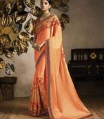 Peach embroidered silk blend saree with blouse