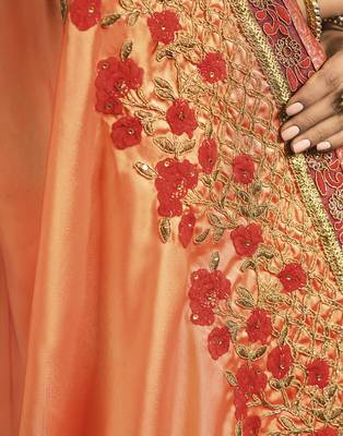Peach embroidered silk blend saree with blouse 2