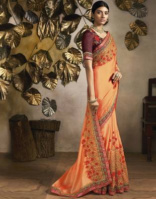 Peach embroidered silk blend saree with blouse 3