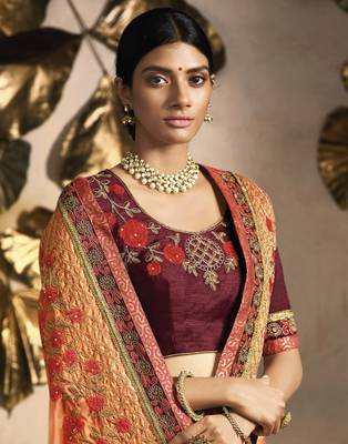 Peach embroidered silk blend saree with blouse 4