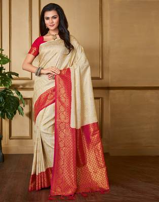 Off white woven silk blend saree with blouse 1