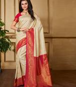 Off white woven silk blend saree with blouse