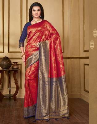 Red woven silk blend saree with blouse 1