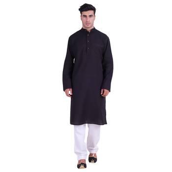 Hindloomz Black Plain Cotton Kurta Pajama 1