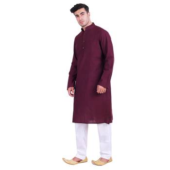 Hindloomz Maroon Plain Cotton Kurta Pajama 2
