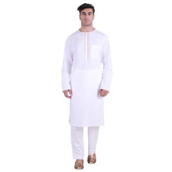 Hindloomz White Plain Cotton Kurta Pajama 1