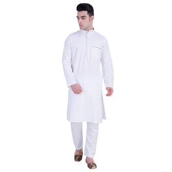 Hindloomz White Plain Cotton Kurta Pajama 1