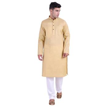 Hindloomz Beige Plain Cotton Kurta Pajama 1