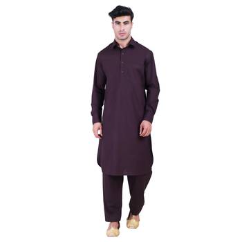 Hindloomz Brown Plain Cotton Pathani Suits 1