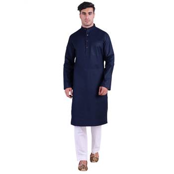 Hindloomz Blue Plain Cotton Men Kurtas 1
