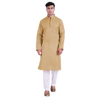 Hindloomz Beige Plain Cotton Men Kurtas 1