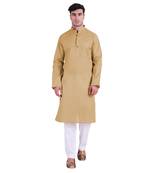 Hindloomz Beige Plain Cotton Men Kurtas