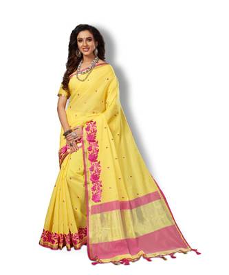yellow hand woven cotton saree with blouse 1